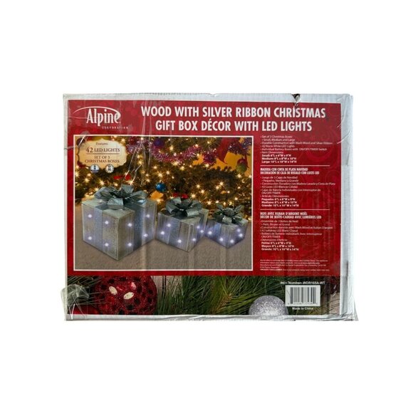 Alpine Christmas Lighted Gift Box Set 3 Pcs Wood Silver Ribbon Led Holiday Decor - Picture 7 of 8